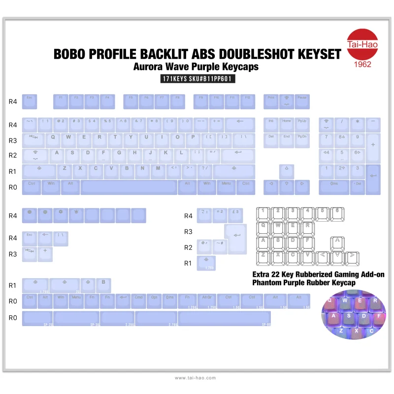 aurora wave purple backlit 171 key bobo profile abs keycap set