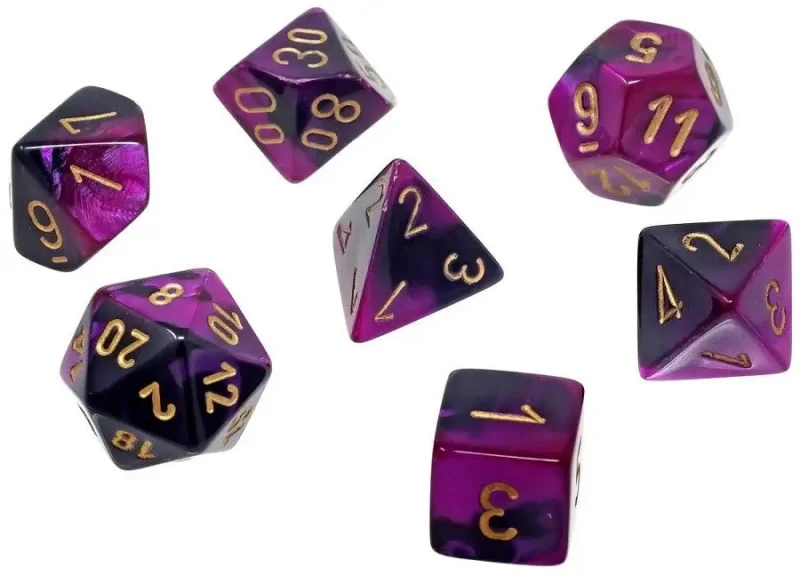 chessex gemini 7 die set black purple gold mini dice