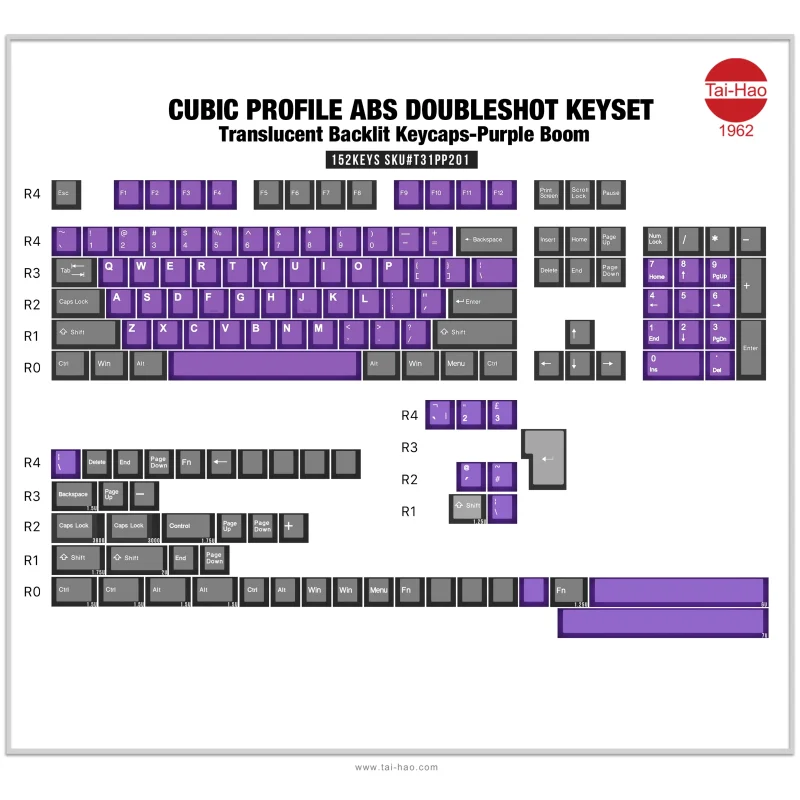 purple boom 152 key abs double shot translucent keycap set