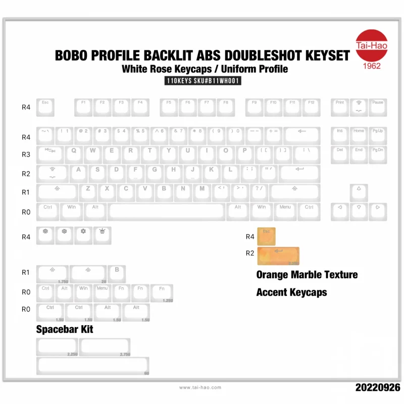 tai hao 110 key white rose bobo abs keycaps set