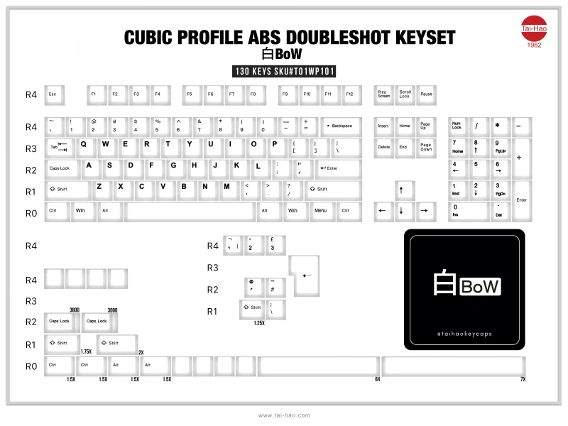 tai hao 128 key cubic black white abs keycap set